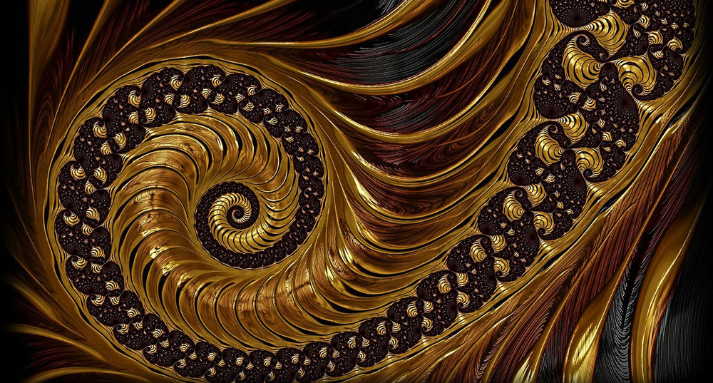 Eine goldene Spirale wird gezeigt. Sie besteht aus vielen Mandelbrot Fraktalen. Symbol für die unendliche Schöpfung und dass du sowohl Schöpfer als auch das Erschaffende bist. 